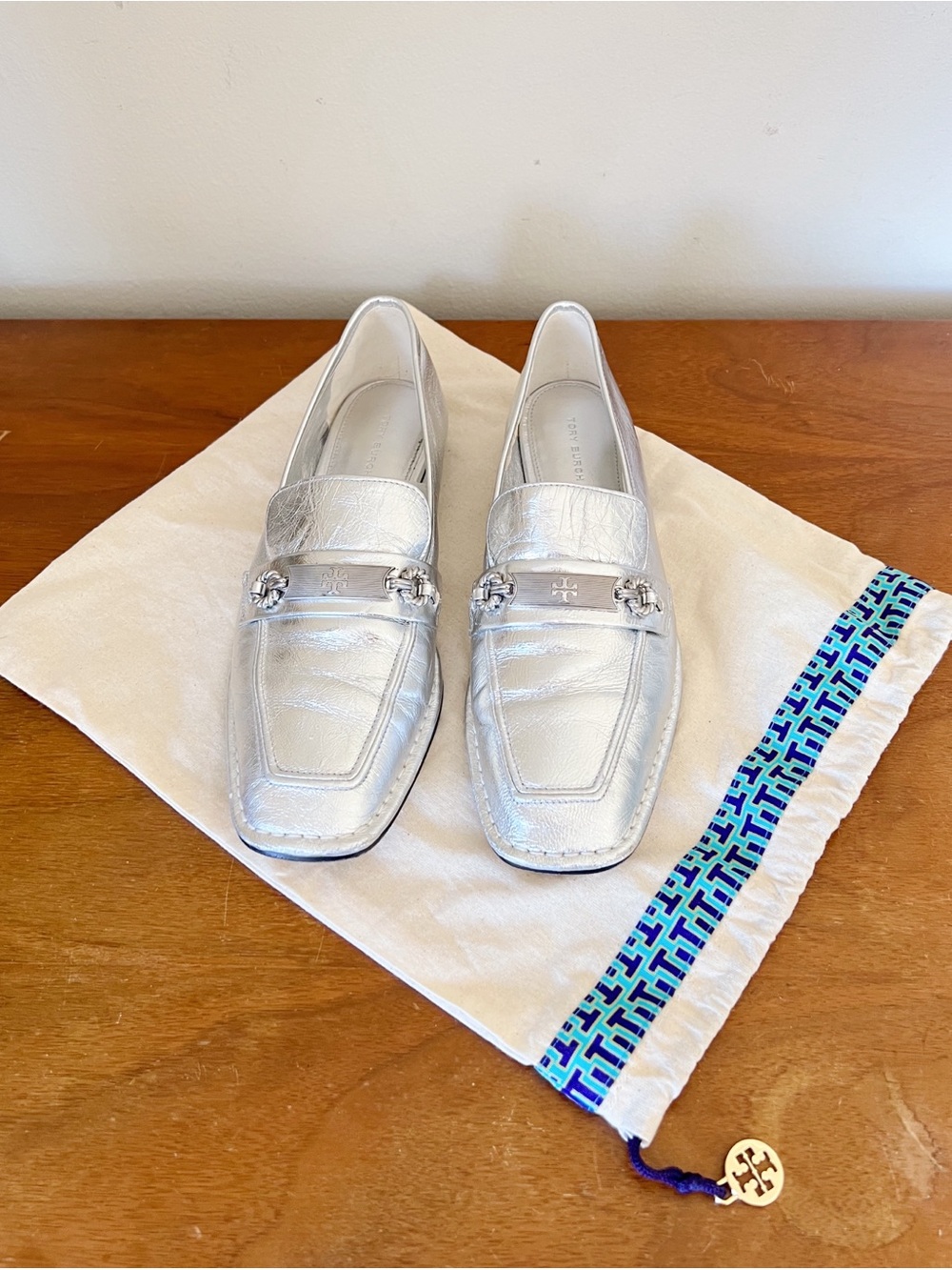 Tory Burch • Perrine Loafer metallic silver square toe leather low heel